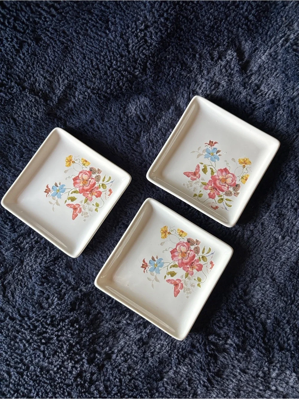 Ceramic Floral Square Trinket Dishes - White with Pink Floral Accent